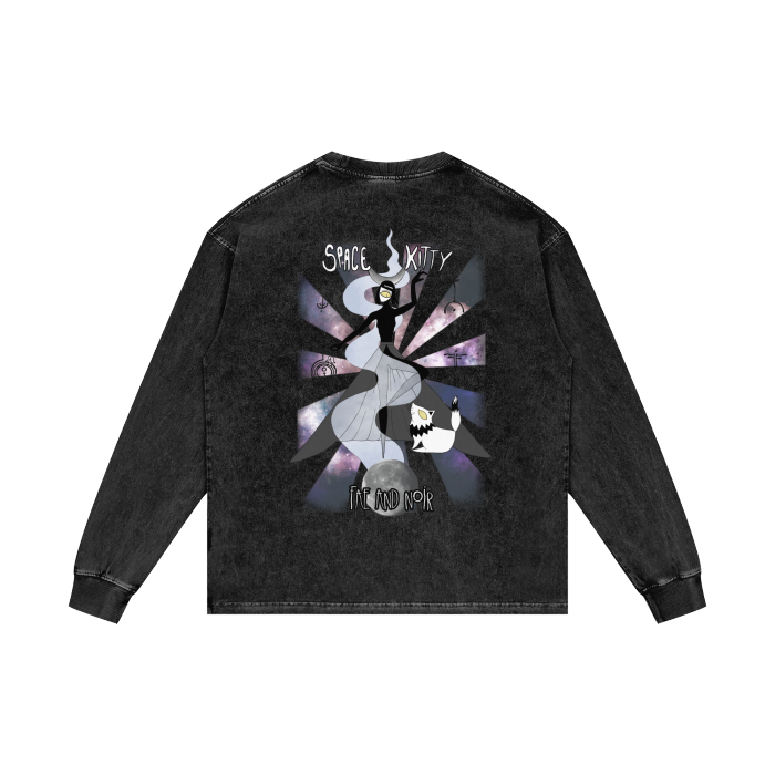 Space Kitty Acid Wash Oversize Long Sleeve T-Shirt