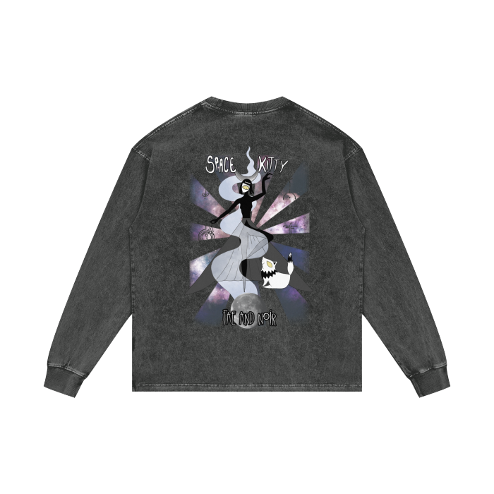 Space Kitty Acid Wash Oversize Long Sleeve T-Shirt