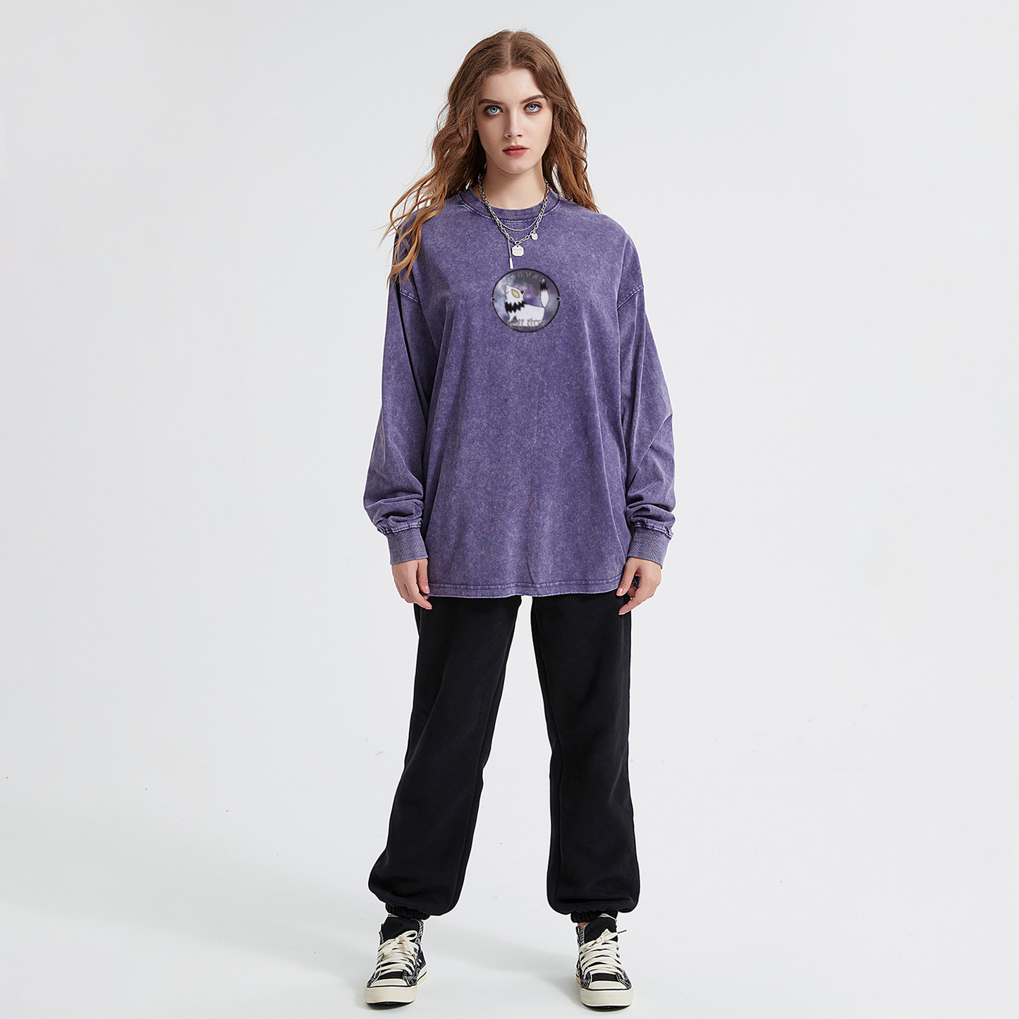 Space Kitty Acid Wash Oversize Long Sleeve T-Shirt