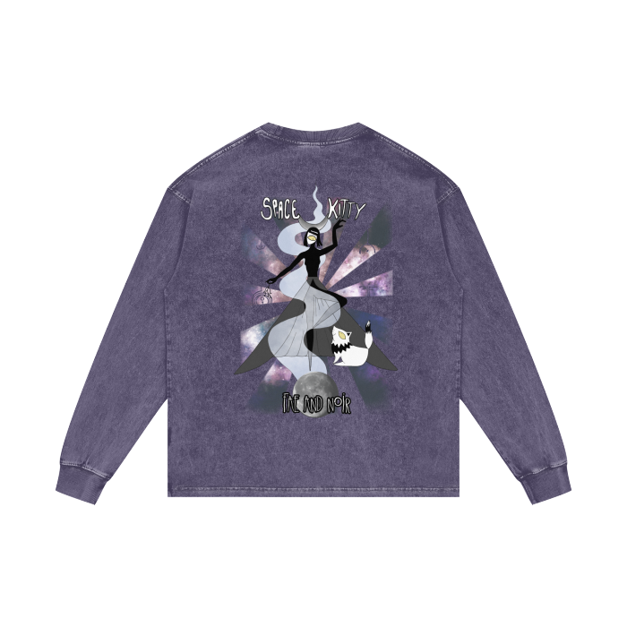 Space Kitty Acid Wash Oversize Long Sleeve T-Shirt